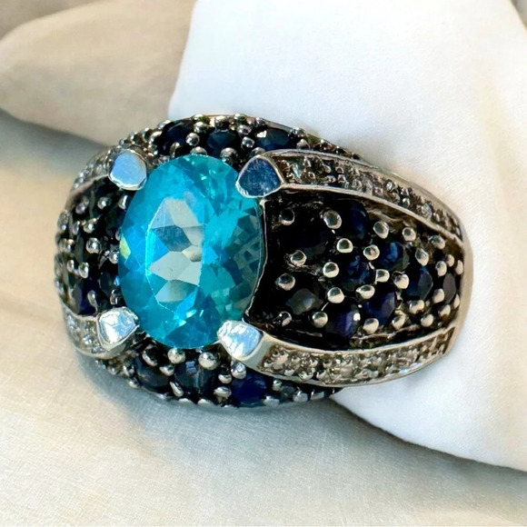 Aquamarine | Spinel | Diamond | Sterling Silver Dome Ring (8) - Picture 3 of 7
